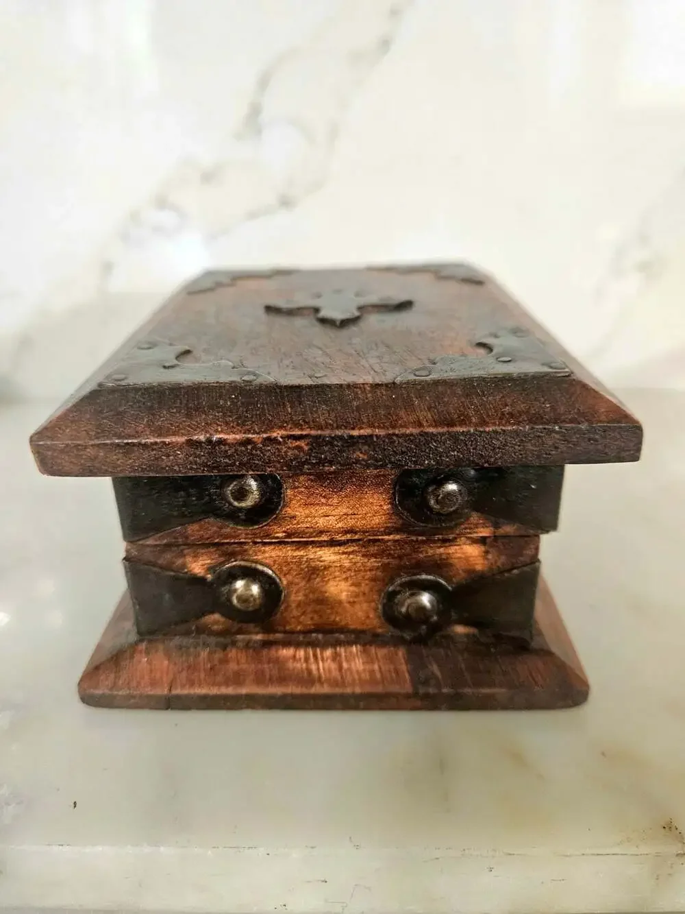 Handcrafted Rustic Wooden Trinket Box with Decorative Metal Accents